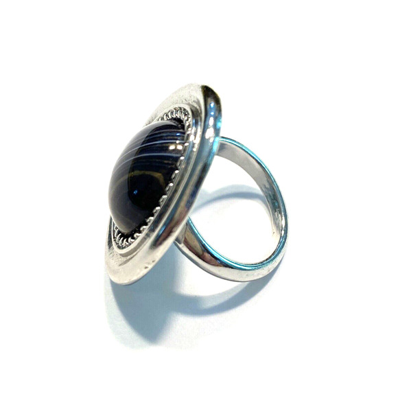 Cocktail Ring Silvertone Black Brown Stone Mod Abstract Fashion Jewelry Sz 5.75 - Picture 3 of 7